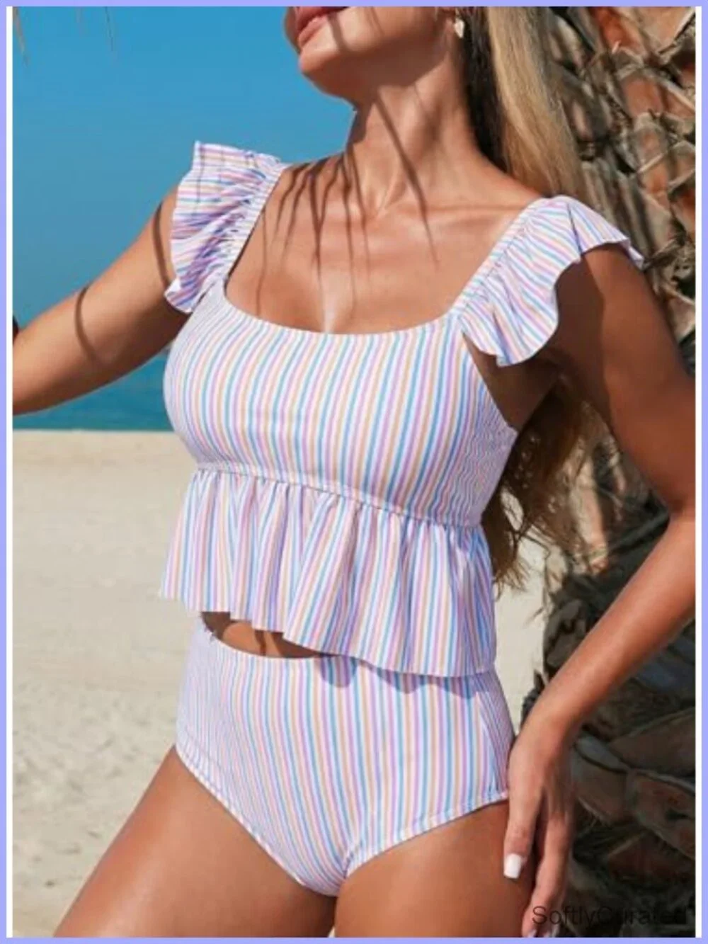 Two Piece Tankini Swimsuits Square Neck Ruffle Cap Sleeve Bathing Suit